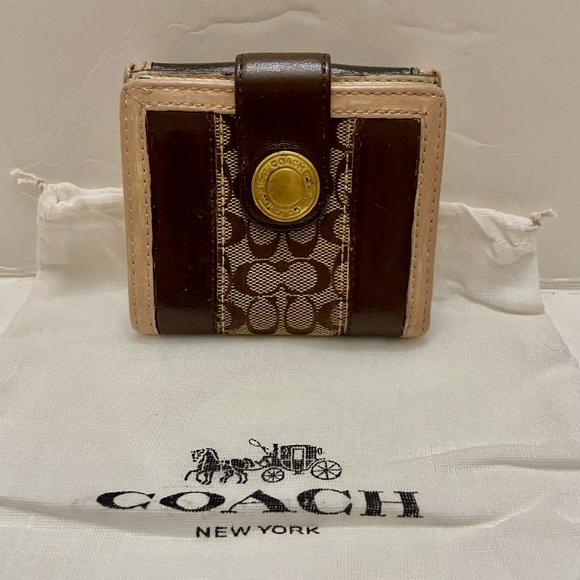 Coach Brown Mono Canvas-Beige- BrownLeather Trifold Compact Wallet with Dust Bag - Picture 5 of 12